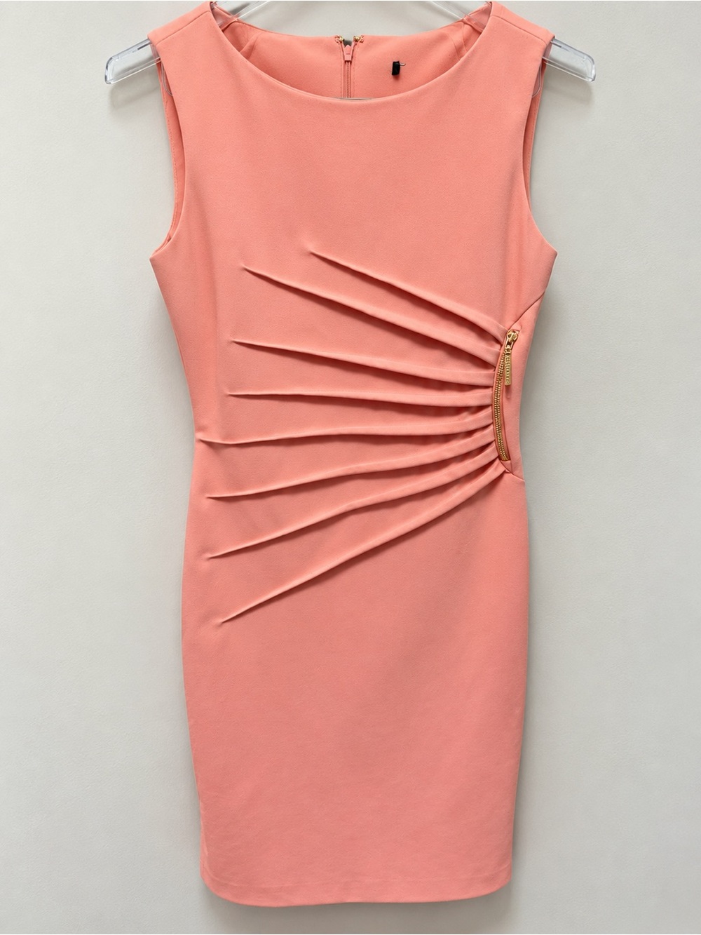 Sleeveless Coral Pink Sheath Dress with Side Pleat Detail